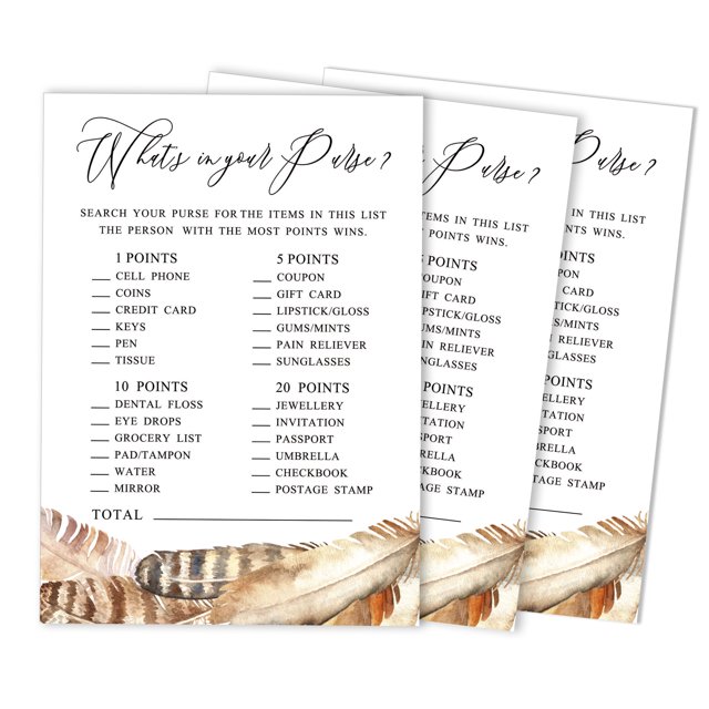 Inkdotpot 50-PackFeathersWhats In Your Purse Bridal ShowerGameWedding Shower Bachelorette Party Bulk ActivityGameCards