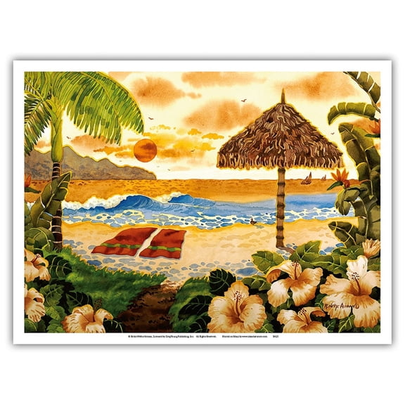 Two Towels - Beach Ocean View - Hawaii - Hawaiian Islands - From an Original Watercolor Painting by Robin Wethe Altman - Master Art Print (Unframed) 9in x 12in