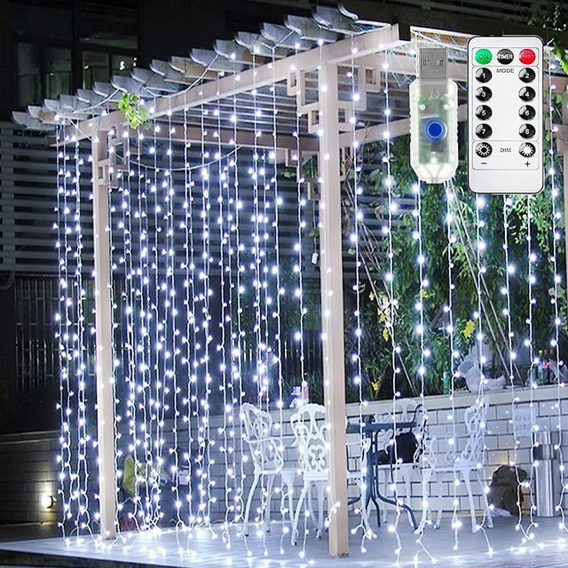 Cortina de luz LED 300 Cortina de luz LED con control remoto y temporizador 8 modos Cortina de luz de cadena compatible con fiesta de Navidad en interiores al aire libre Afortunado Sencillez