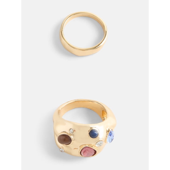 Scenario Women’s Gold Tone Gemstone Statement Rings Set, 2 Piece