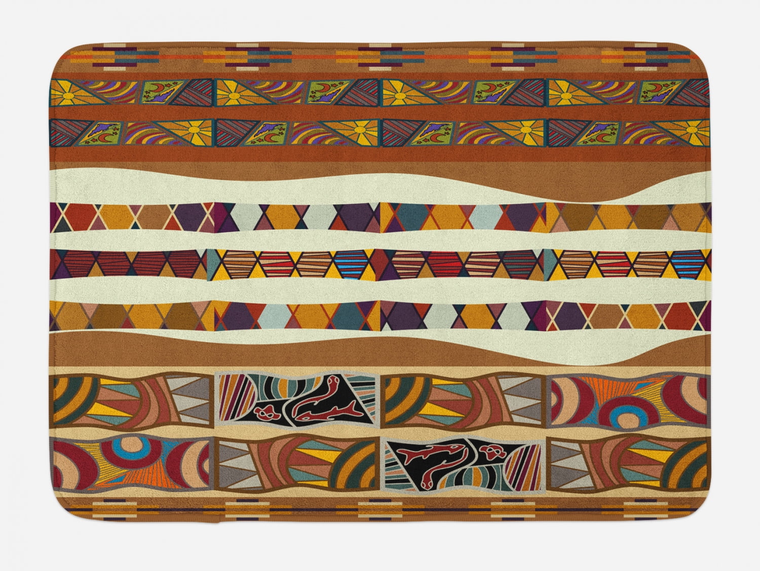 Tribal Bath Mat, Traditional African Folk with Cultural Featured Trippy Icons Boho Abstract Design, Non-Slip Plush Mat Bathroom Kitchen Laundry Room Decor, 29.5 X 17.5 Inches, Multicolor, Ambesonne