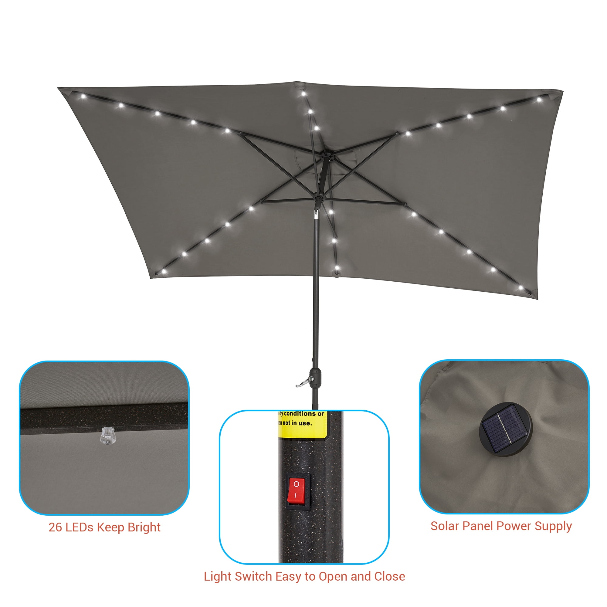 CHYVARY 10 x 6.5ft LED Outdoor Patio Rectangular Table Umbrellas for Deck, Poolside and Garden, Gray