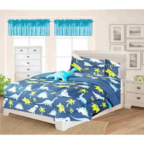 Twin Size 6-Piece Bedding Set Soft Dinosaur Blue Print with Toy Pillow & Colorful Sheets