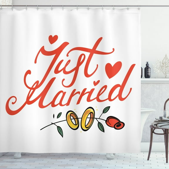 Ambesonne Wedding Shower Curtain, Just Married Rose Rings, 69"Wx84"L, Fern Green White Red