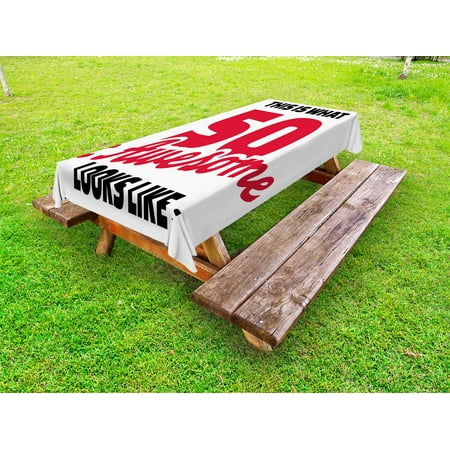

50th Birthday Outdoor Tablecloth Fifty and Awesome Cool and Fun Hand Written Style Happy Cheer Slogan Decorative Washable Fabric Picnic Tablecloth 58 X 104 Inches Red Black White by Ambesonne