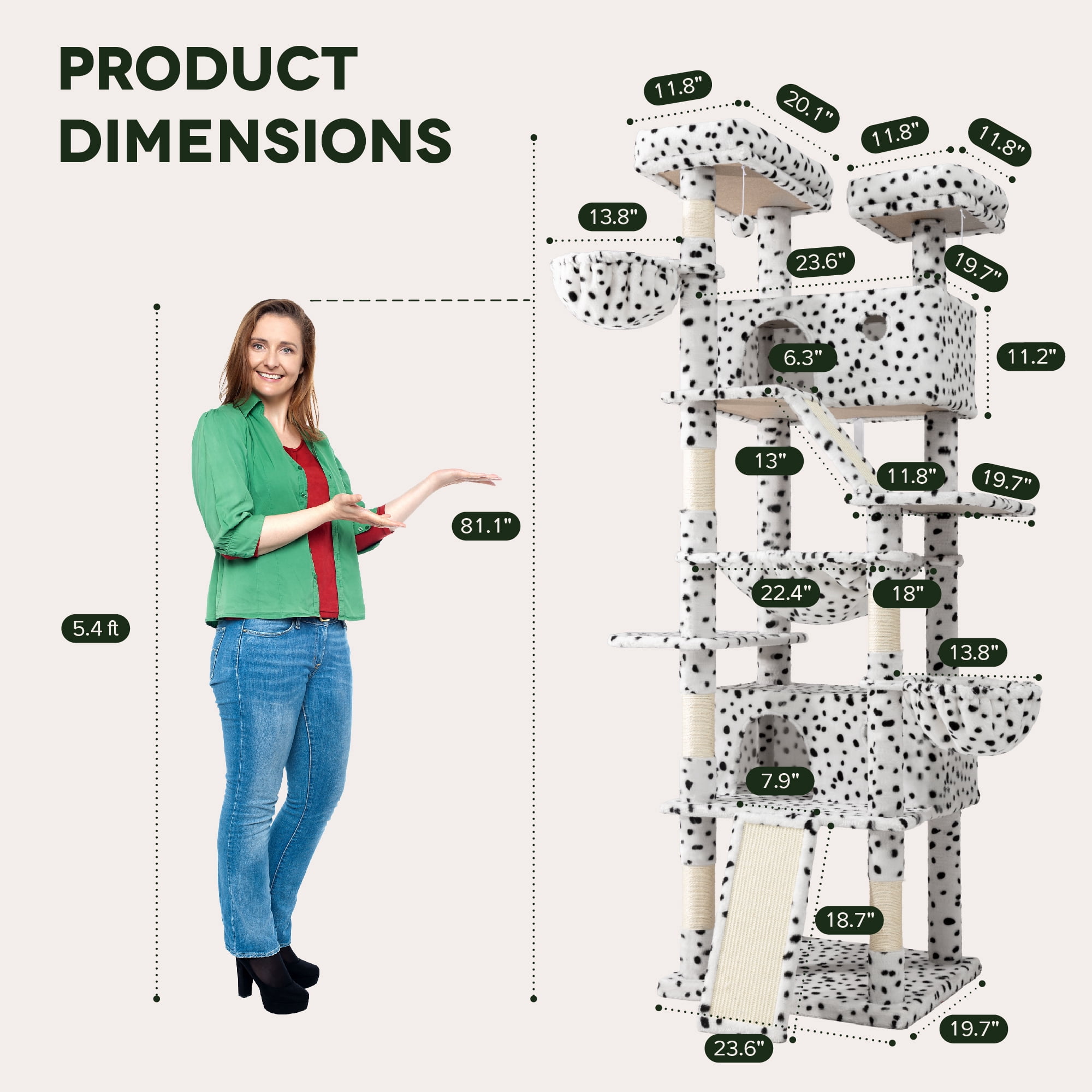 Einfach 81" Multi-Level Tall Cat Tree Tower, Larger Cat Condo with Hammock, Cozy Pussycat Perches, Sisal Scratching Posts, Black & White Spotted