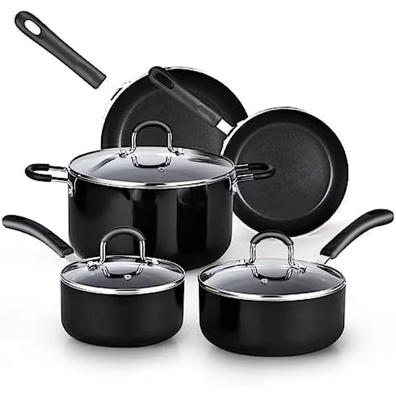 Pots and Pans Nonstick Kitchen Cookware Sets include Saucepan Frying Pan Stockpots 8-Piece, Heavy Gauge, Stay Cool Handle, Black