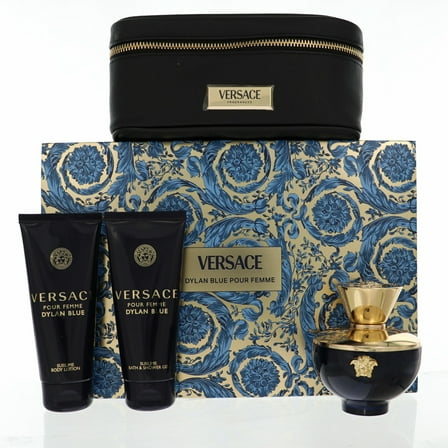 Versace Dylan Blue , 4 Pc Gift Set 3.4oz EDP Spray, 3.4oz Sublime Body Lotion, 3.4oz Sublime Bath and Shower Gel, Makeup Case