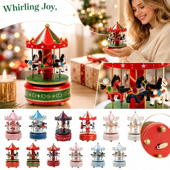 Christmas Carousel Music Box with Rotating Horses and Starry Canopy, 1 Piece, Red and Green, for Holiday and Birthday Gifting, Table Decoration