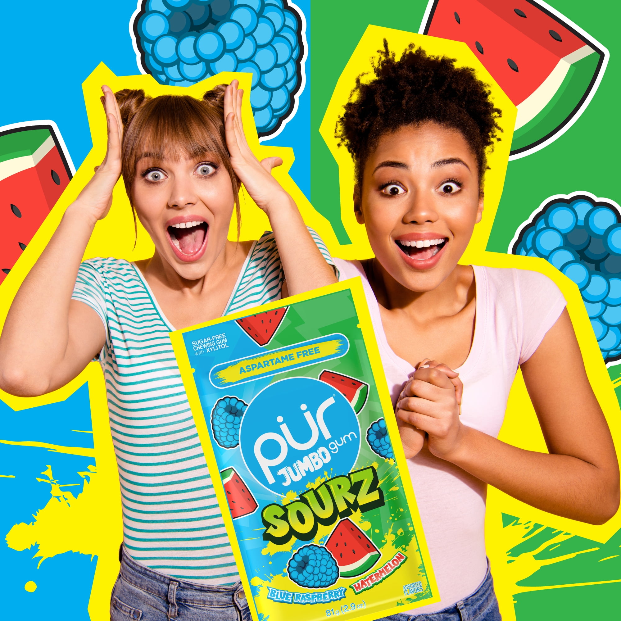 PUR Jumbo SOURZ Gum, Blue Raspberry, Watermelon, Aspartame Free, Sugar Free 100% Xylitol Chewing Gum, 20 Pieces, Pack of 10