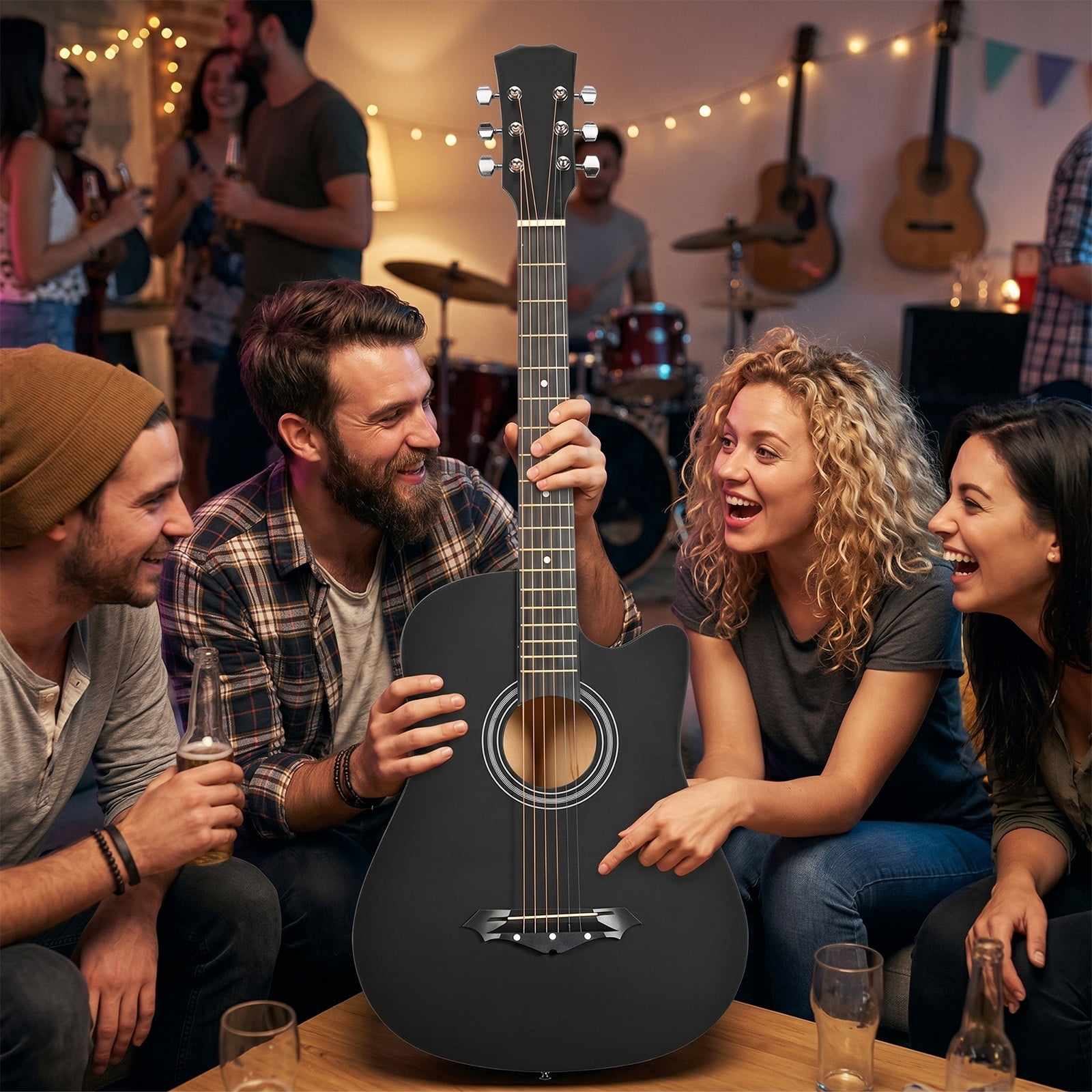 38in Acoustic Guitar with Picks, Strings, Capo, Case, Tuner, and Strap - Matte Black