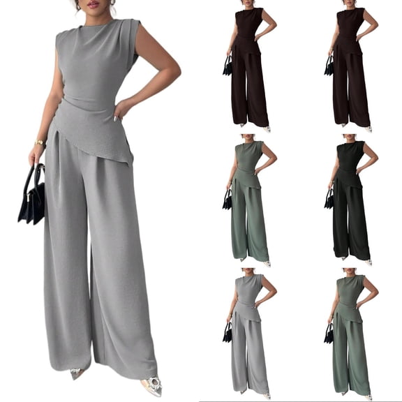 Stichou Womens Summer 2 Piece Outfit Set Dressy Casual Sleeveless Tank Tops Crew Neck Wide Long Leg Pants with Pockets Gray M