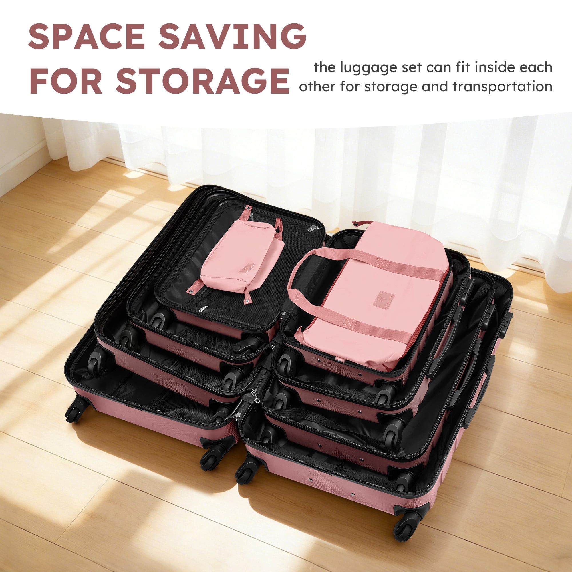 Gowill 6 Piece Luggage Sets,16/20/24/28 inch Hardside Lightweight ABS Suitcase With Expandable Duffle Bag (Rose Gold)