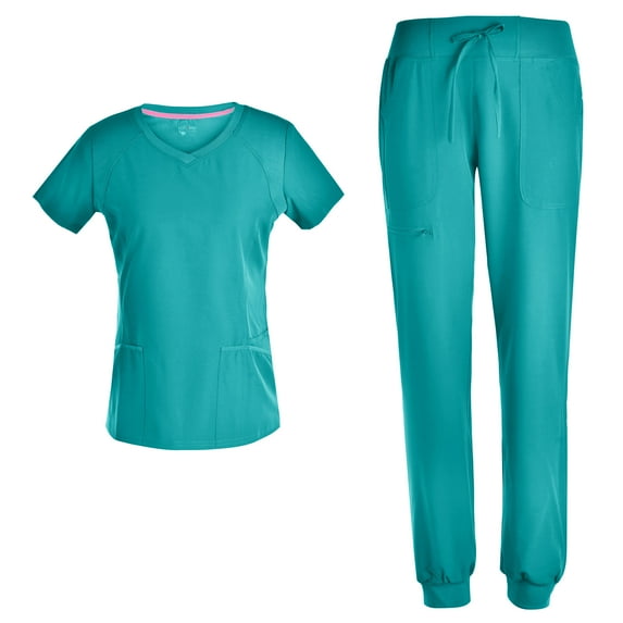 Stretch Women Nursing Scrubs Set - V Neck Fashion Rib Scrubs Medical Uniforms Top Pants PS1116 TEAL L