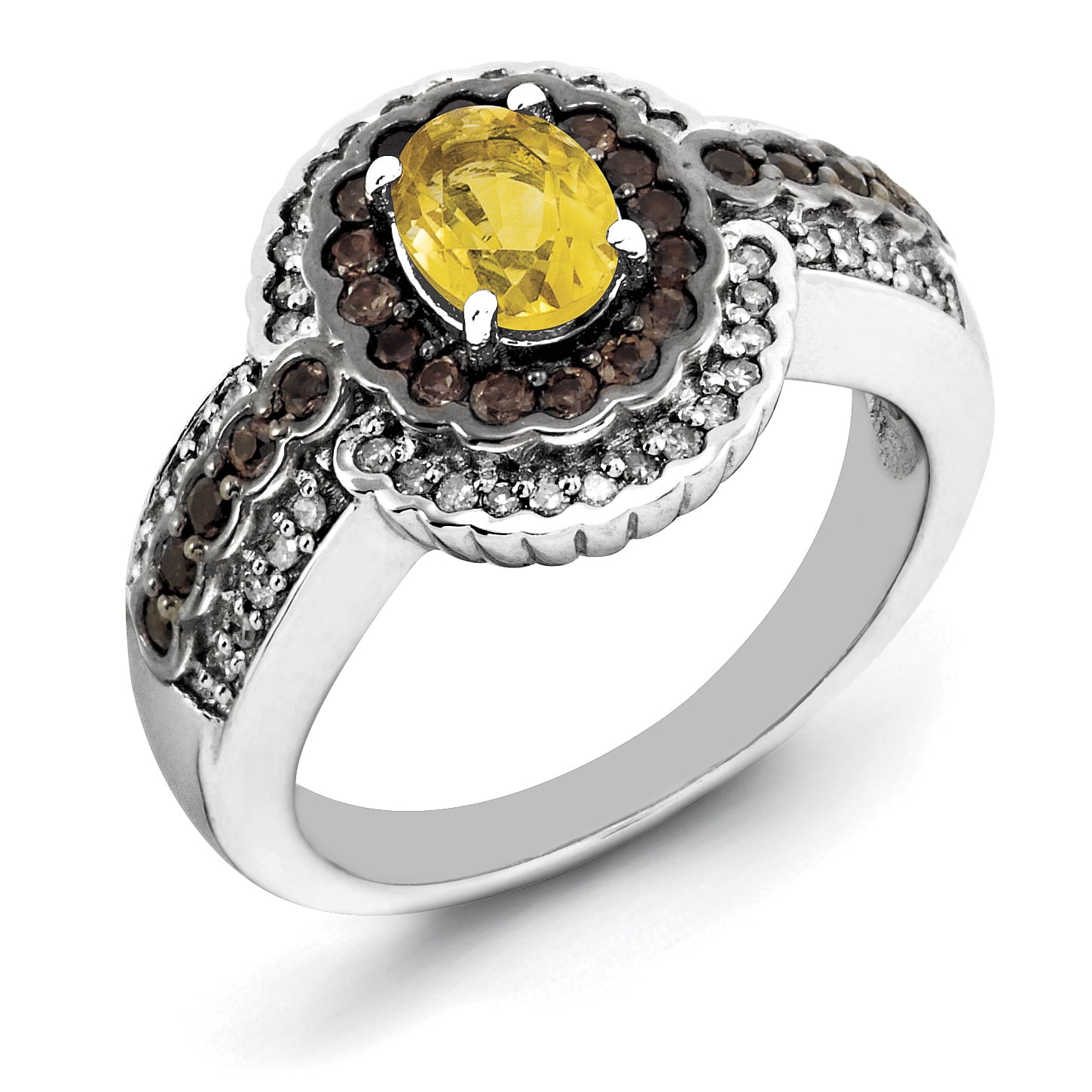 Sterling Silver Citrine and Smoky Quartz & Diamond Ring by