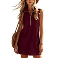 thumbnail image 4 of Women's Sleeveless Stand Collar Mini Dress Zip Up Loose Shift Dress Y2k Casual Street Short Dress Summer Sundress with Pockets Wine, 4 of 6