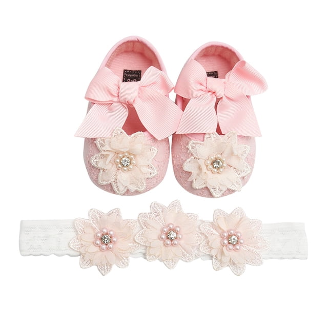 EDFBUYKRS Chaussures à Fleurs avec Nœud pour Tout-Petits Bébés Filles Pré-Marche + Ensemble Bandeau