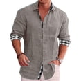 thumbnail image 3 of Camisa con botones para hombre, manga larga, cuello vuelto, patrón liso exterior, estampado interior a cuadros, camisa holgada informal suave para hombre, 3 of 6