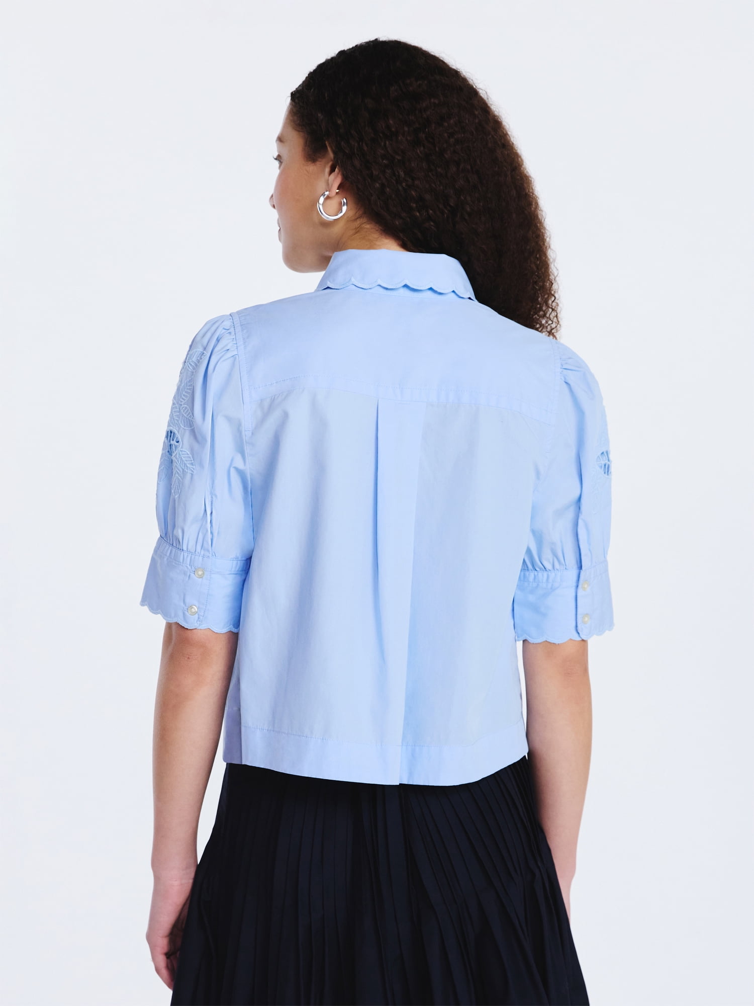 Free Assembly Women's and Women's Plus Cotton Eyelet Button Front Shirt with Short Sleeves, Sizes XS-4X