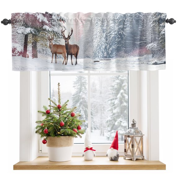 Window Valance for Kitchen, Winter Elk Pine Tree Rod Pocket Curtain Valances Short Curtains Drapes Panel, Forest Snowflake Scenery Window Treatment Topper for Living Room Bathroom Bedroom 42x12in