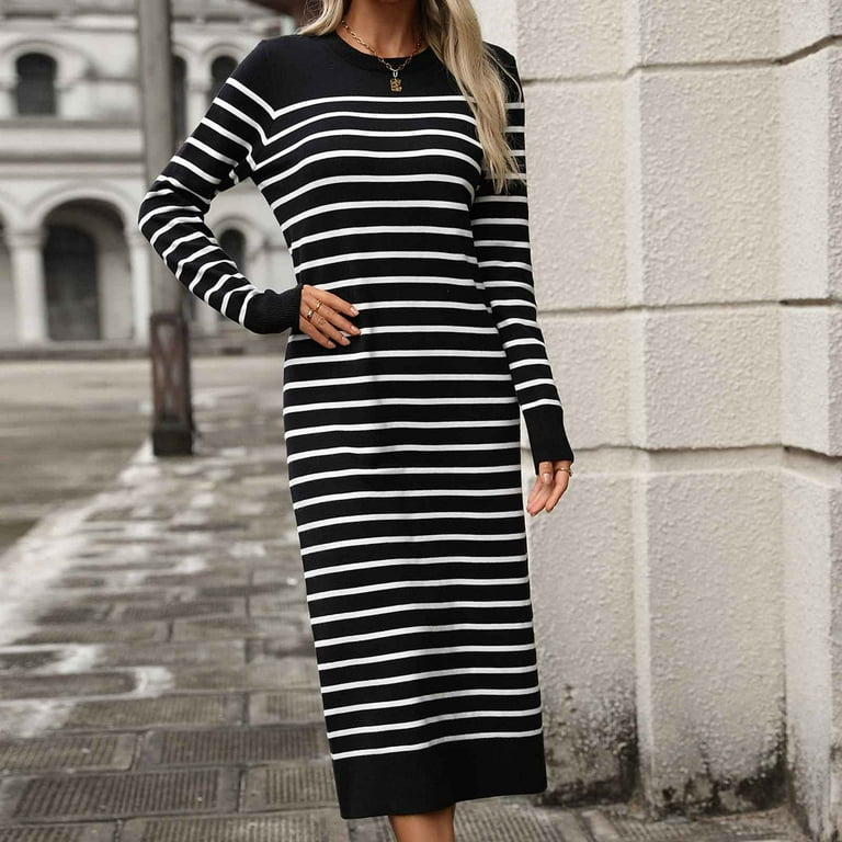 hoksml Womens Striped Fall Dresses Long Sleeve V Neck Knit