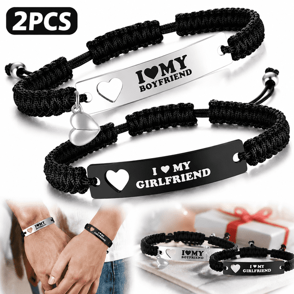 Heart Matching Couples Bracelets - Adjustable Braided I Love My Boyfriend Girlfriend Long Distance Bracelets, Lovers His Hers Relationship Promise Bracelet Jewelry Anniversary Birthday Gifts