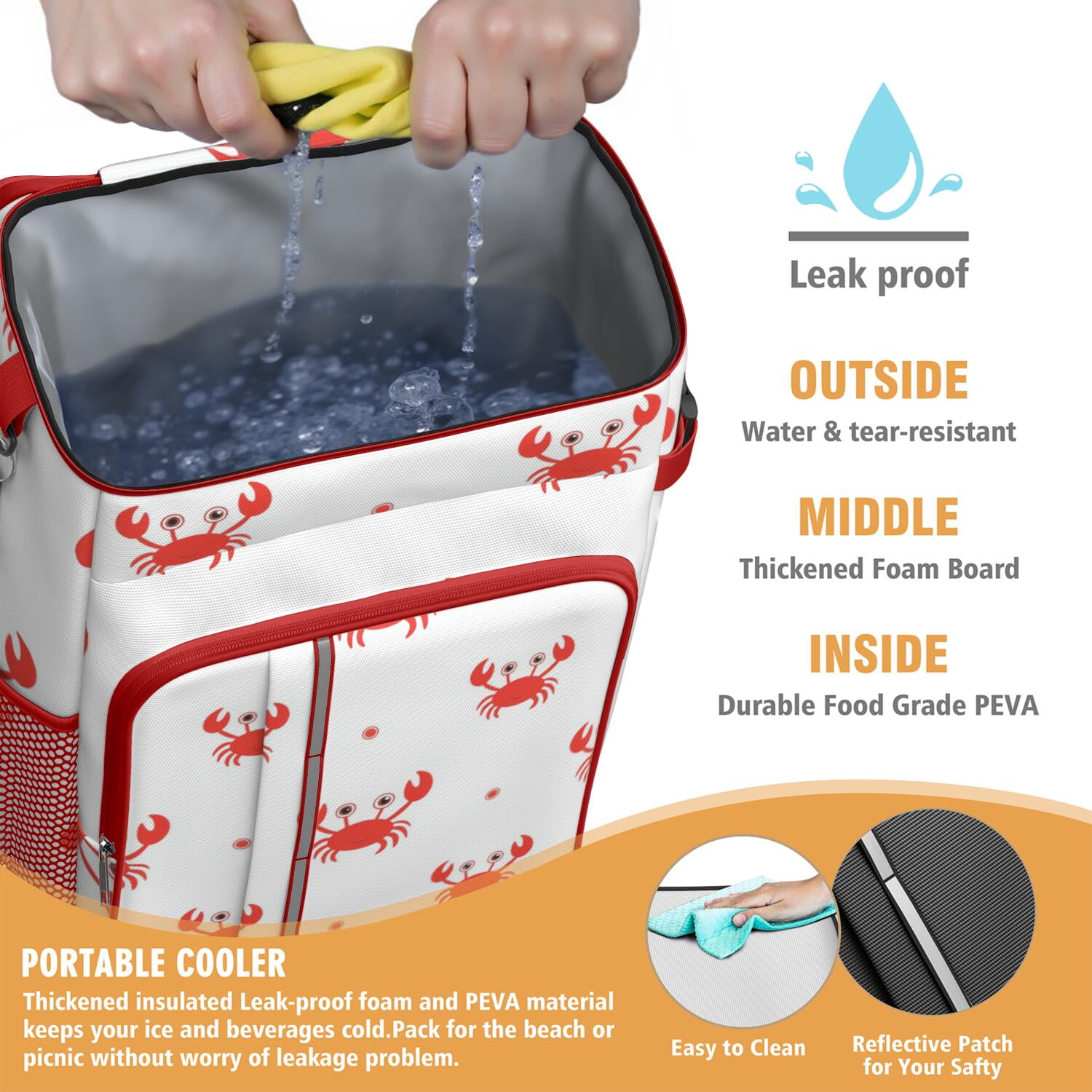Marine Adorable Crab Cooler Backpack Insulated Waterproof Leak Proof Backpack Cooler Lightweight Lunch Picnic Camping Backpack Cooler for Men Women