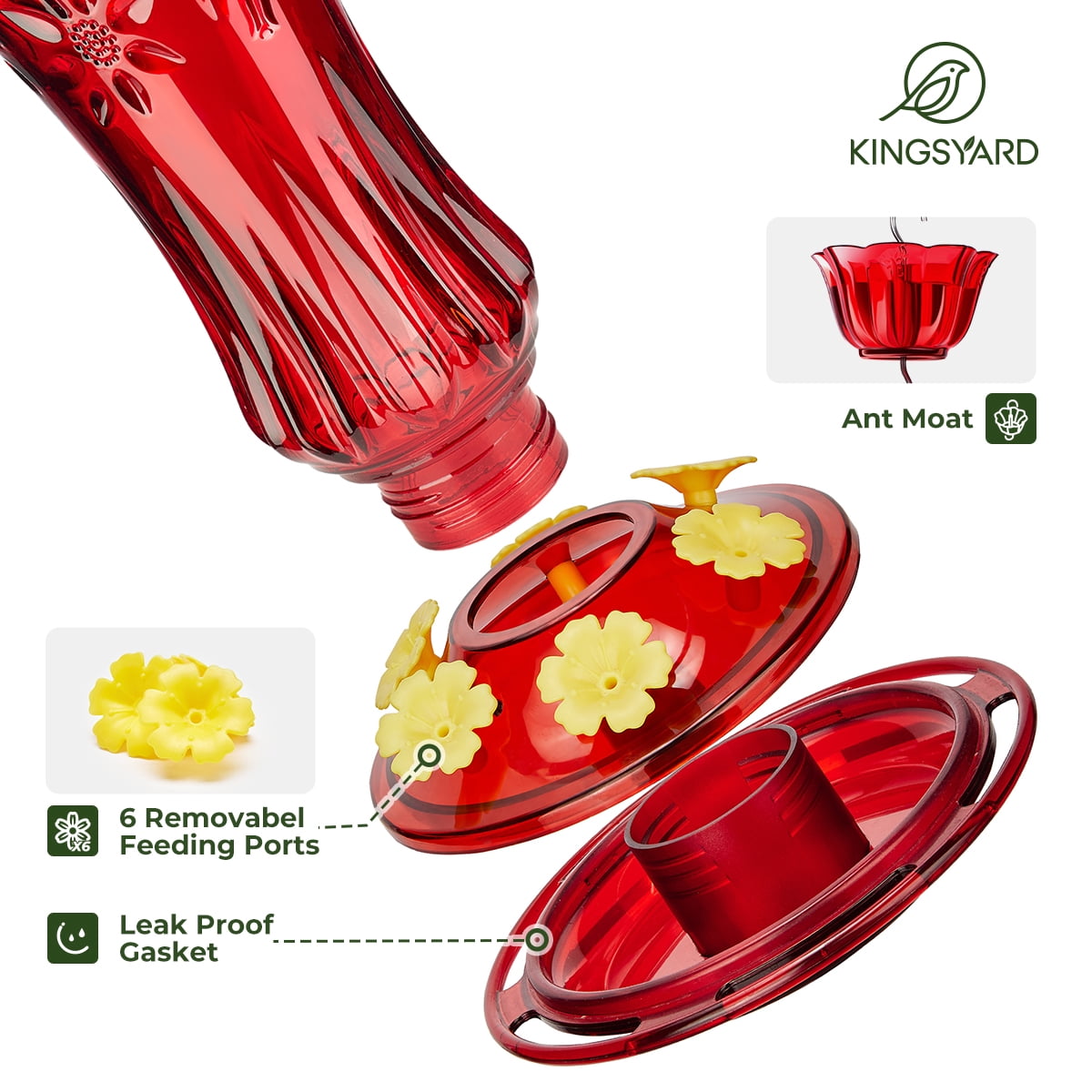 Kingsyard Hummingbird Feeder for Outdoors Hanging, 25 Ounces Leak Proof, Glass Humming Bird Nectar Feeder with Ant Moat & 6 Bee Guard Feeding Ports, Red