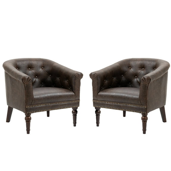 UIXE Chocolate Barrel Club Chair Set of 2 Modern Arm Accent Chair Comfy Faux Leather Upholstered Armchair