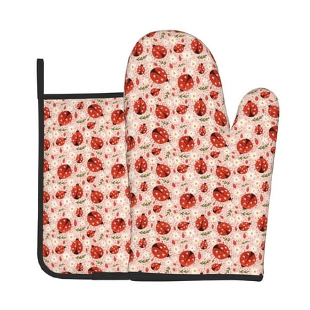 

Vsdgher Ladybugs With Heart Spots Oven Mitts and Pot Holders 2 pcs Set High Heat Resistant Kitchen Oven Glove for Baking and Cooking