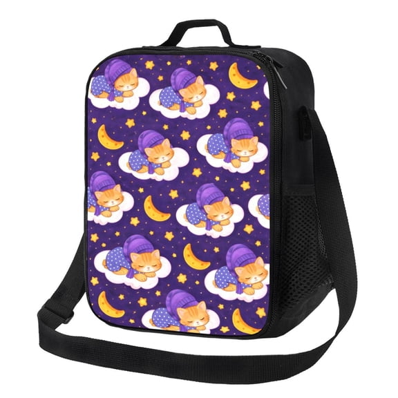 Whimsical Cat Art Lunch Bag Insulated Thermal Box with Shoulder Strap & Handle for Work and Picnic