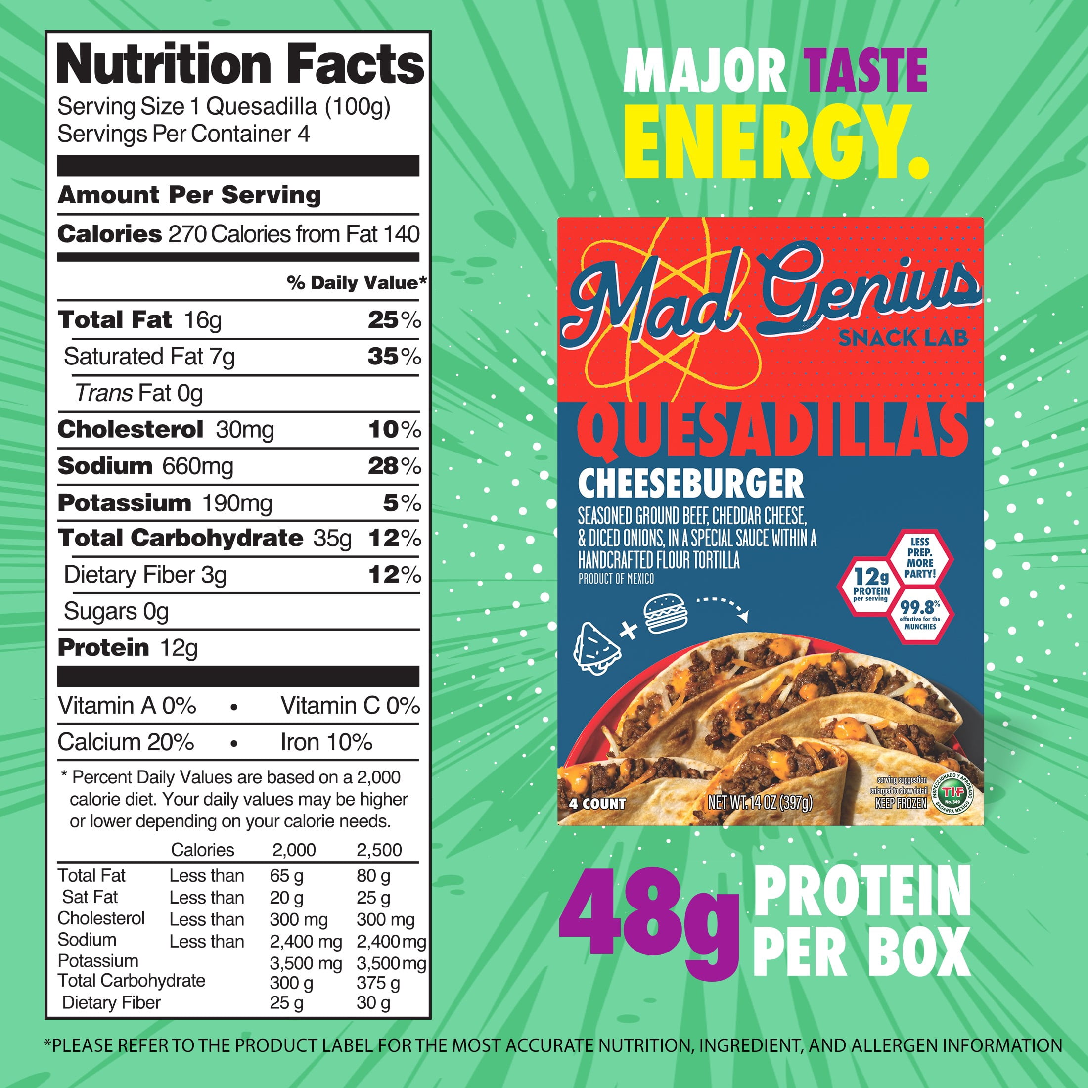 Mad Genius Cheeseburger Quesadillas, 14 oz (Frozen), 12g of Protein per Serving