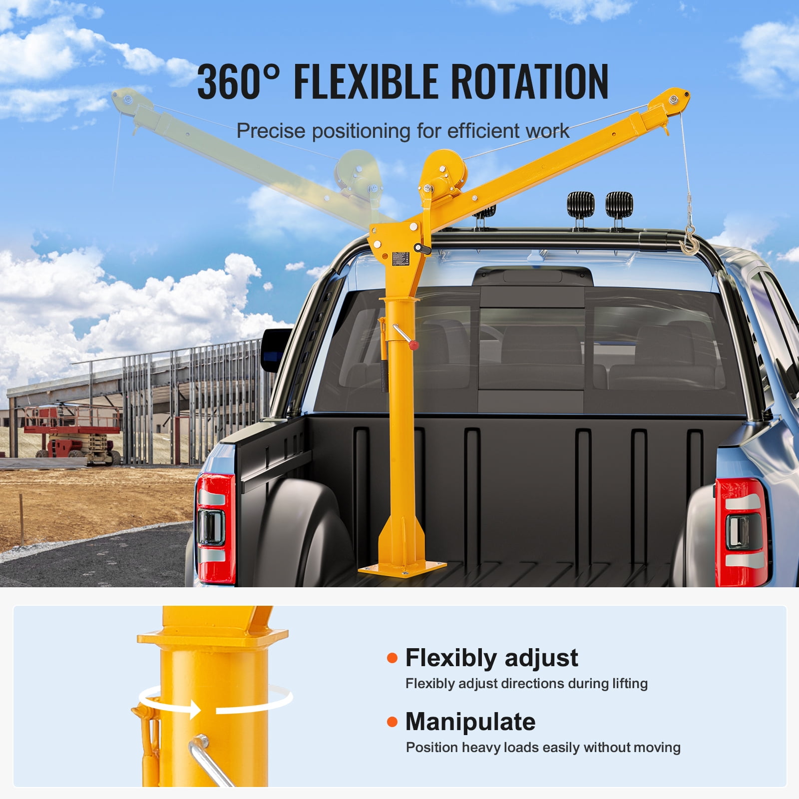 KFFKFF Folding Truck-Mounted Crane with 1100 lbs Manual Winch, Steel Jib Crane Hoist with 360-Degree Swivel for Lifting in Construction, Forestry, and Industrial Applications
