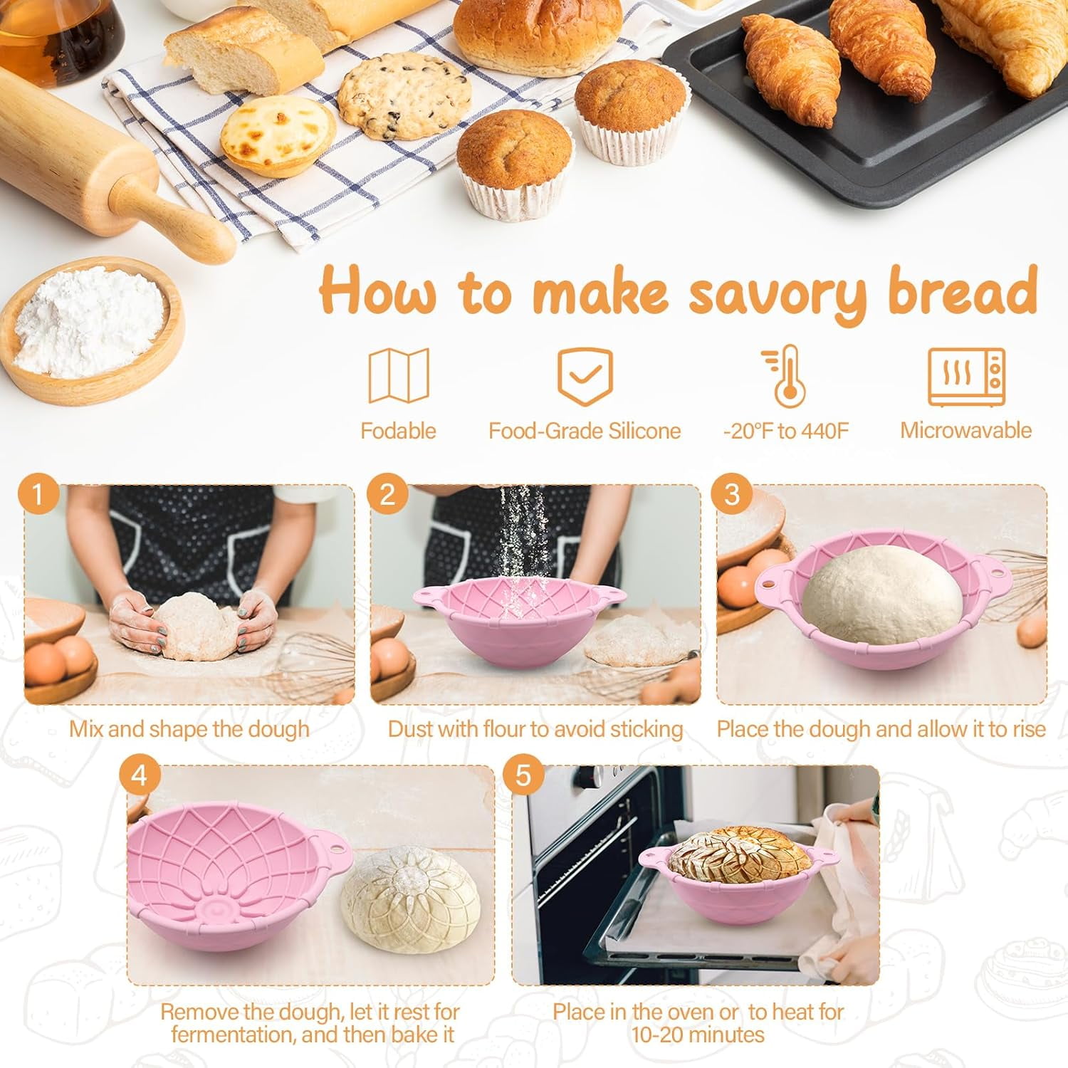 2 Pack Sourdough Bread Baking Supplies Set: Banneton Proofing Basket, Silicone Bread Baking Basket, 9 Inch Collapsible Bowl, Complete Tools Kit for Sourdoughs,Pink Proofing Baskets for Bread Making
