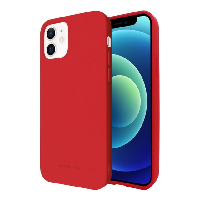 funda para iphone 12 pro soft rojo molan cano soft jelly, funda de silicón flexible con acabado mate en rojo, vista 3/4 mostrando corte para cámara dual, botones y borde elevado; no incluye equipo. Ideal también como funda ligera para transporte diario.