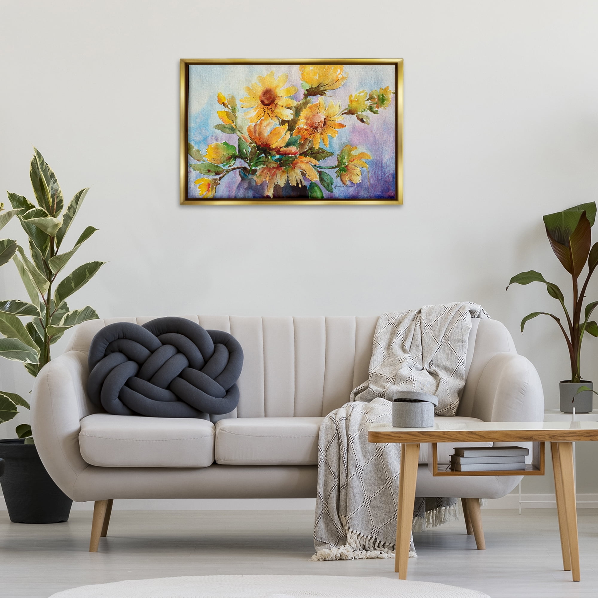 Stupell Industries Watercolor Daisies Vase Botanical & Floral Painting Gold Floater Framed Art Print Wall Art, 31 x 21