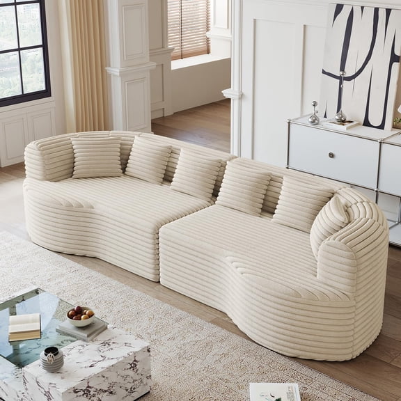 111.5-inch Oversized Curved Cloud Sectional Sofa, Corduroy Four-Seater Bone-Free Sofa with Deep Seat and 6 Throw Pillows, Beige