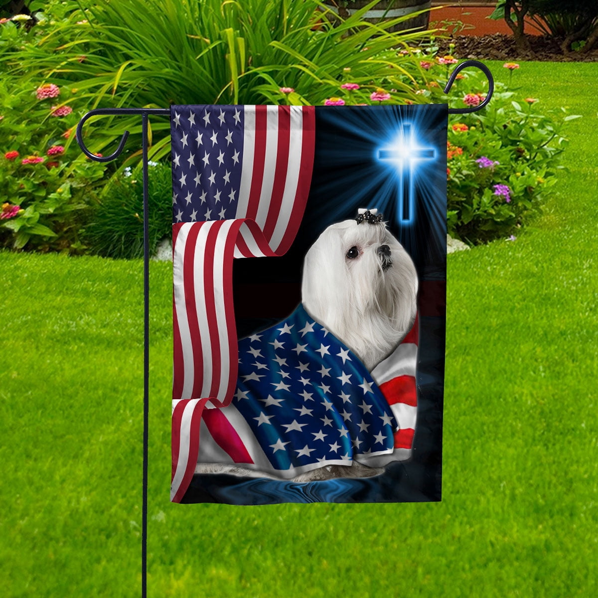 Maltese Dog Wearing Flag American Faith Cross 4th of july, Dog Decor American Flag House Flag, Double-Sided Decorative Outdoor Flag, Patriotic Polyester Yard Flag 29.5 x 39.5 in