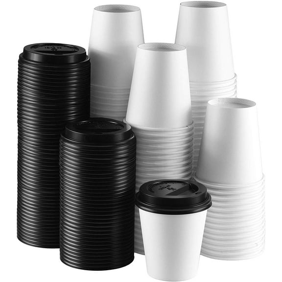 NYHI 10 oz. White Paper Disposable Cups with Black Lids - Hot/Cold Beverage Drinking Cup for Water, Juice, Coffee or Tea - Ideal for Water Coolers, Party, or Coffee On The Go