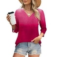 thumbnail image 2 of Women's V Neck 3/4 Sleeve T-Shirt Tops Blouses Solid Color Casual Daily Wear Work Office Vacation Fashion Essential Gift for Women | Aestivo,Hot Pink XL, 2 of 9