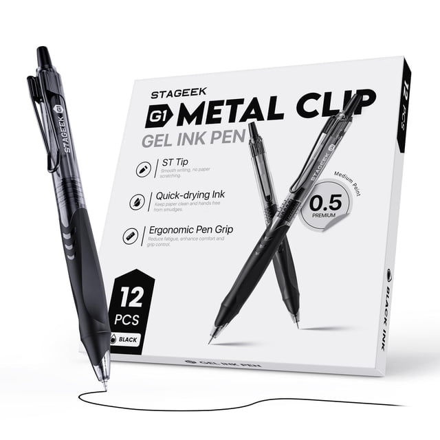 Bolígrafos de gel STAGEEK, paquete de 12, 0,5 mm, negro, secado rápido