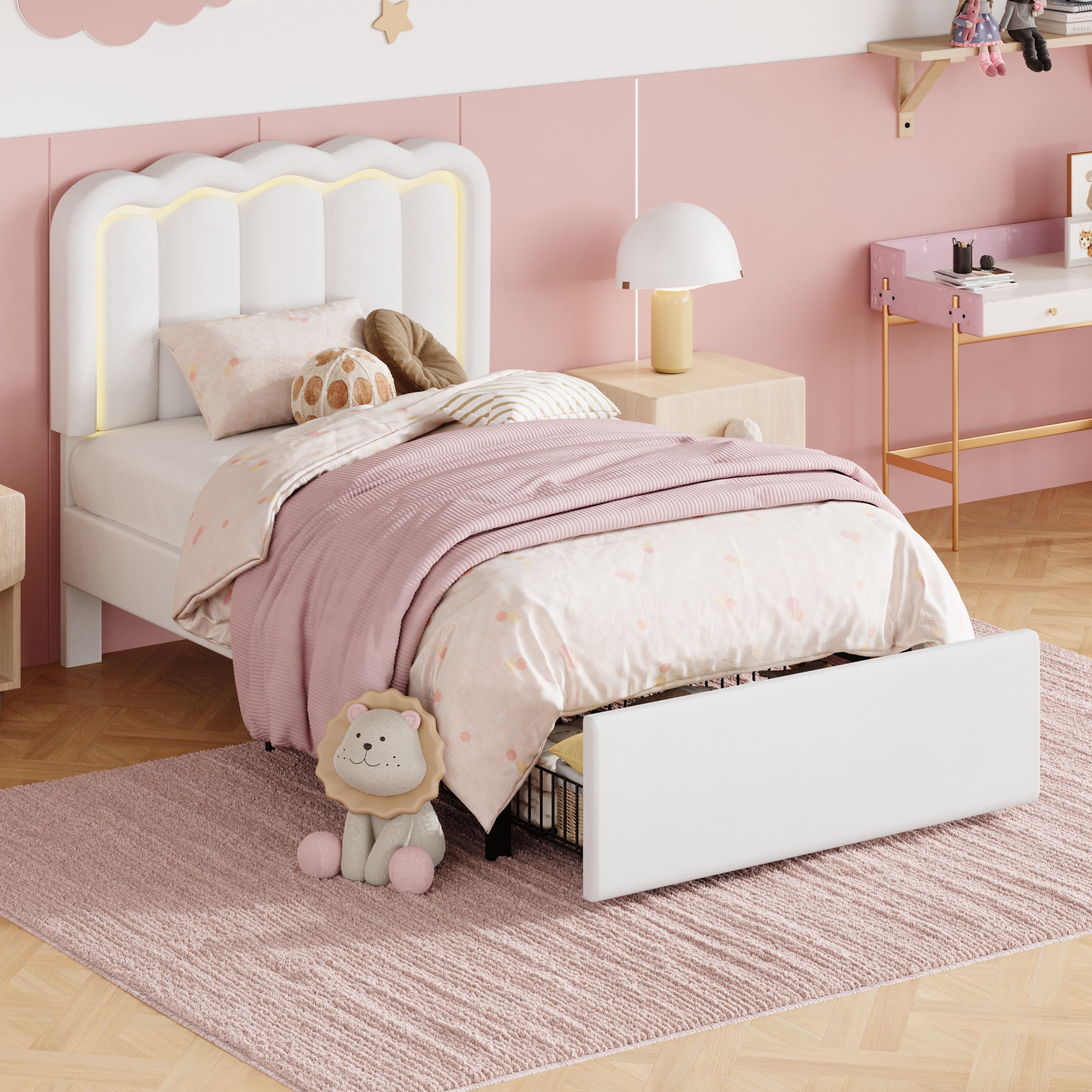 Amolife Twin Size LED Bed Frame with Drawer, Platform Bed with Velvet Upholstered Adjustable Wavy Headboard, White