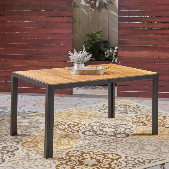 Modern Acacia Wood and Iron Outdoor Dining Table for 6 Seats Weather Resistant Slatted Top Easy Clean Patio Garden Furniture