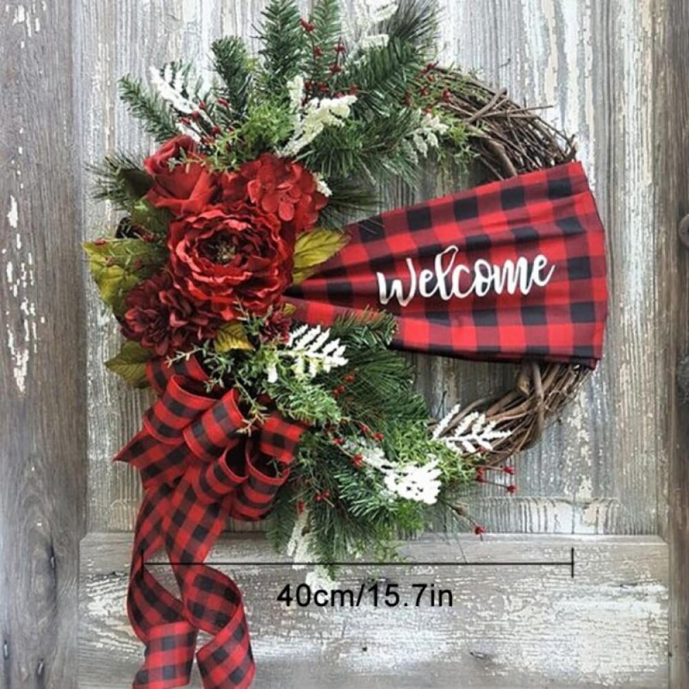 Farmhouse Christmas Teardrop Swag for Front door 24 inch Buffalo Plaid Red and Black Check 