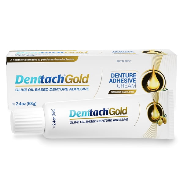 Adhesivo para dentaduras DENTTACH Gold con aceite de oliva 68 g crema