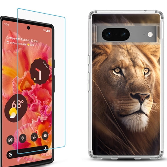 OneToughShield ® for Google Pixel 7a Shockproof Bumper Phone Case, with Tempered Glass Screen Protector - Lion