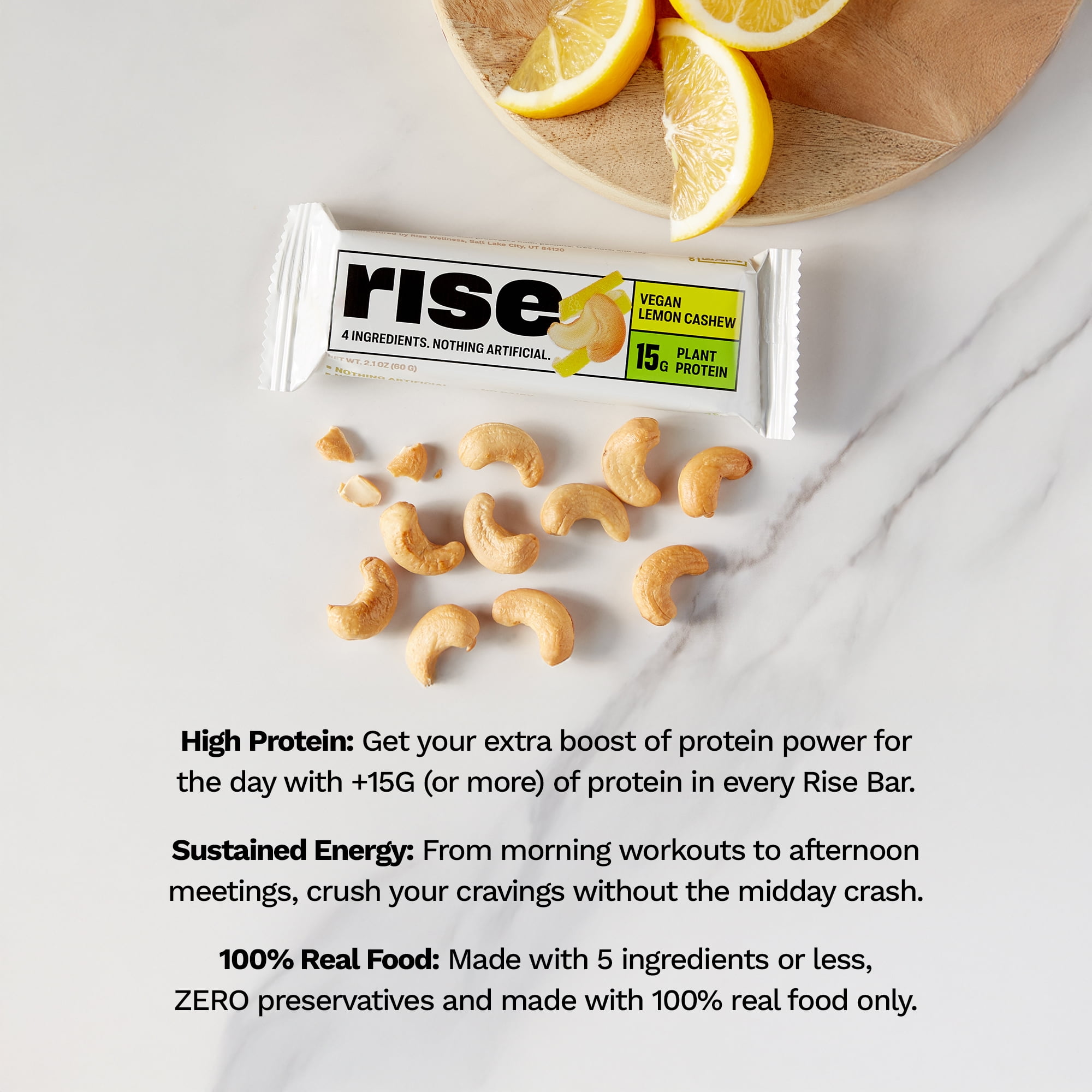 Rise Pea Protein Bar - Vegan Lemon Cashew | Breakfast Bar & Protein Snack 15g Protein Just 3 Whole Food Ingredients Non-GMO Gluten-Free Soy Free (12 Count)