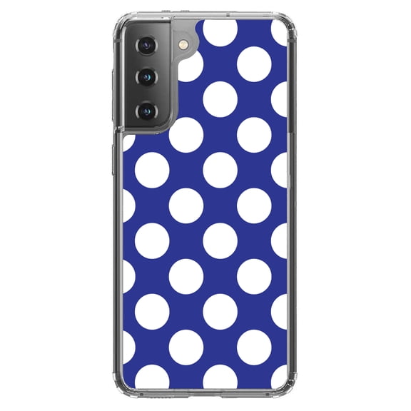 DistinctInk Clear Shockproof Hybrid Case for Galaxy S21 5G (6.2" Screen) - TPU Bumper, Acrylic Back, Tempered Glass Screen Protector - White & Dark Blue Polka Dots