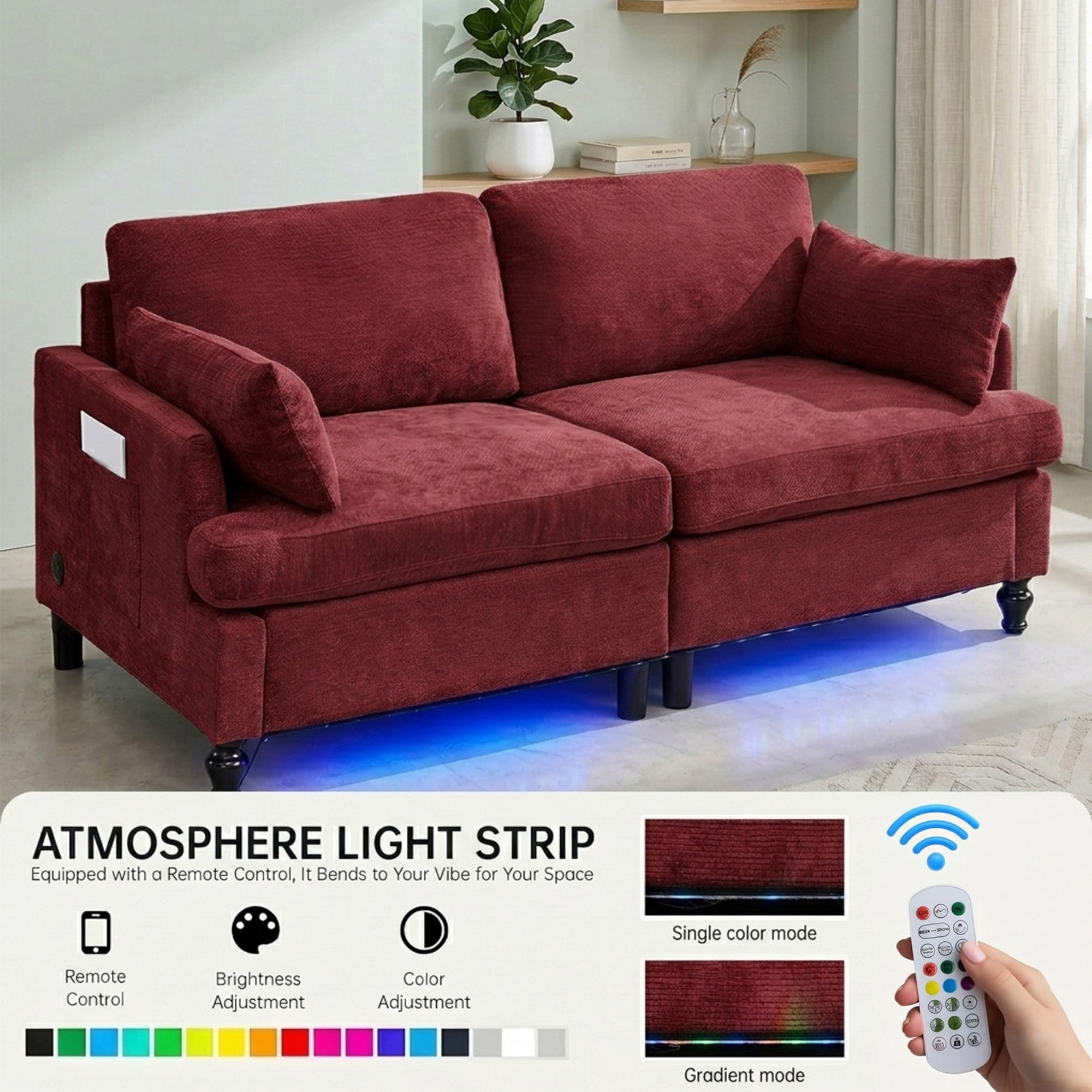 Sailvan 68.9" Modern Loveseat Sofa,Comfy Chenille 2-Seat Couch with LED Lights & USB Ports,Small Cloud Couch for Living Room,Apartment,Red