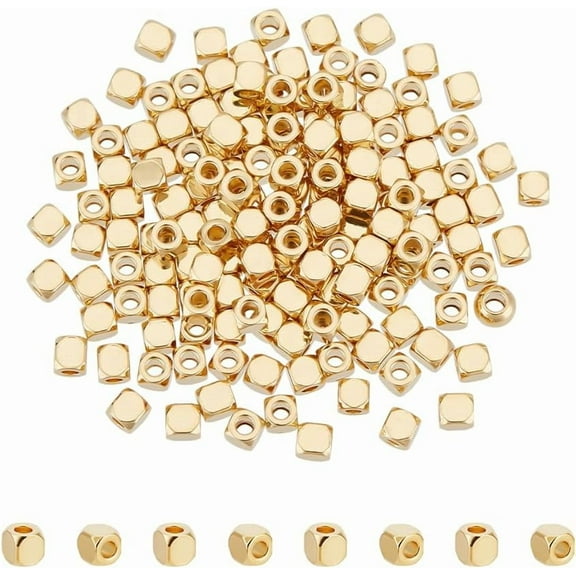 1 Set 150Pcs Stainless Steel Cube Beads 2mm Spacer Beads 18K Gold Plated Loose Beads Metal Beads Smooth Beads Big Hole Beads Bracelet Beads for DIY Necklace Jewelry Making Supplies